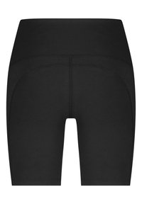 Shorts noirs taille haute en matériau extensible, présentant une texture lisse et des coutures plates pour le confort.