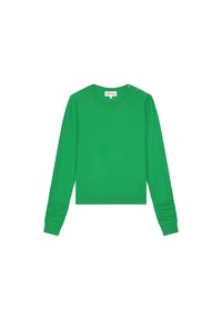 Groene langemouwen top van rekbaar materiaal, met een ronde hals en geplooide mouwen met decoratieve knopen op de schouder.