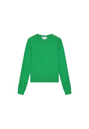 Groene langemouwen top van rekbaar materiaal, met een ronde hals en geplooide mouwen met decoratieve knopen op de schouder.