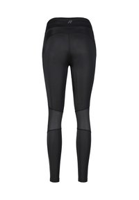 Leggings neri con un tessuto morbido e elastico, dotati di pannelli in rete nella parte bassa delle gambe e una vita alta.