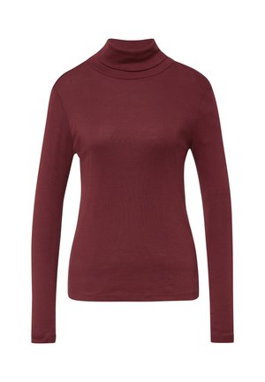 Burgunderfarbenes Rollkragenoberteil mit langen Ärmeln, aus weichem, elastischem Material gefertigt. Hat eine figurbetonte Silhouette und eine glatte Textur.