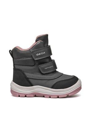 Botte d'hiver enfant noire et grise avec semelle et doublure roses, deux bandes Velcro étiquetées Geox et Amphibiox, conçue pour temps froid.