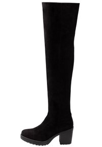 Bota negra hasta la rodilla hecha de ante con un tacón grueso, punta redondeada y superficie texturizada. Presenta un acabado suave y un diseño simple.