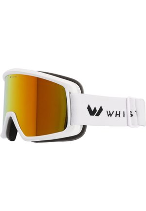 Lunettes de ski avec une monture blanche, des verres miroités orange et un rembourrage noir. Dotées d'une sangle ajustable blanche avec un texte de logo noir.