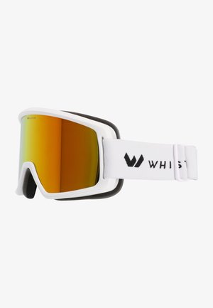 Skibril met een wit frame, gespiegeld oranje lens en zwarte padding. Voorzien van een witte verstelbare band met zwarte logo tekst.