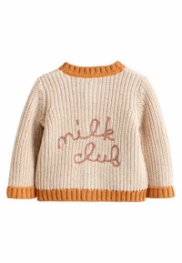 Krämfärgad stickad tröja med orange ribbad krage och mudd. "milk club" broderat i brunt framtill. Texturerad tyg med en mysig framtoning.
