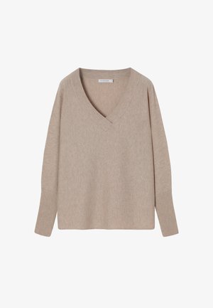 Bezsínű V-nyakú pulóver, puha anyagból készült, hosszú ujjaival és bordázott mandzsettáival, sima textúrával és egyszerű dizájnnal.