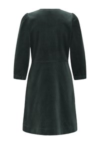 Robe en velours côtelé vert foncé à manches trois-quarts avec une jupe légèrement évasée, vue de dos.