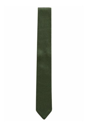 Dark green textured tie with a narrow shape and pointed tip, featuring a subtle woven pattern throughout. Suitable for formal occasions.