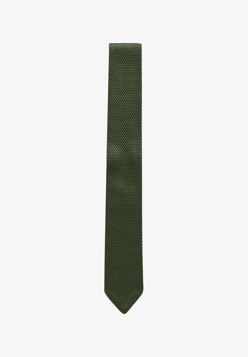 Cravatta verde scuro con texture, di forma stretta e punta appuntita, caratterizzata da un sottile motivo intrecciato. Adatta per occasioni formali.
