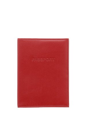 Red leather passport holder with the word "PASSPORT" embossed on the front center, closed and flat.