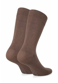 Brązowe skarpetki bawełniane z prążkowanymi ściągaczami i gładką fakturą. Z wzmocnioną piętą i palcami, z logotypem nadrukowanym na podeszwie.