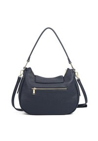 Borsa a mano in pelle blu navy con forma curvata, manico superiore e tracolla removibile. Presenta una tasca con zip frontale e superficie testurizzata.