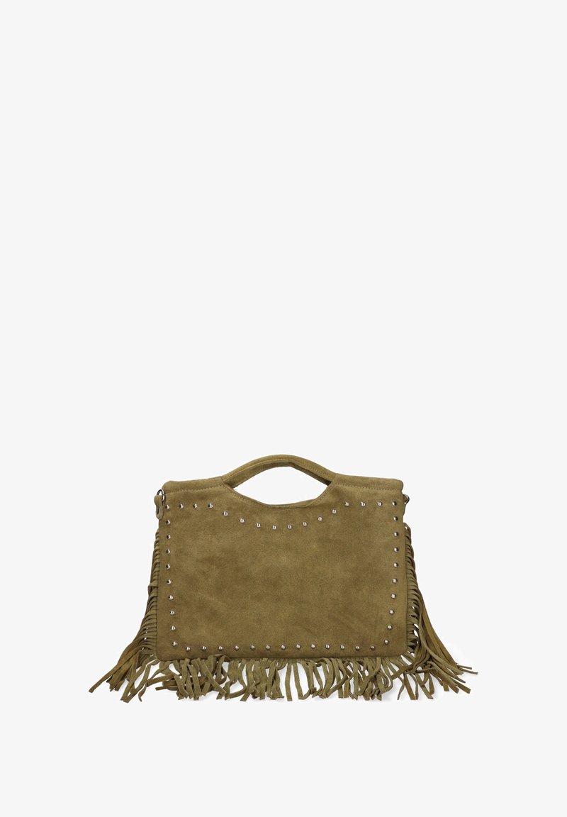 Sac à main en daim vert olive avec une poignée supérieure, des clous en argent soulignant l'avant, et des franges longues sur les côtés et le bas.