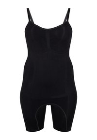 Schwarzer Shapewear-Body mit verstellbaren Trägern, nahtlosem Design und gezielten Stützpaneelen; aus dehnbarem, strukturiertem Stoff gefertigt.