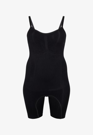Sorte shapewear bodysuit med justerbare stropper, sømløst design og målrettede støttende paneler; lavet af strækbart, tekstureret stof.