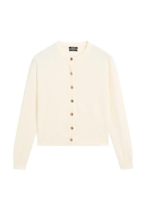 Cream-colored cardigan made of soft fabric, featuring a round neckline, long sleeves, and seven wooden buttons down the front.
