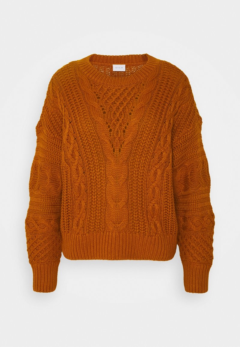 Orange stickad tröja med en kraftig design, som har kabelmönster, rundad halsringning och ribbade ärmslut och nederkant.