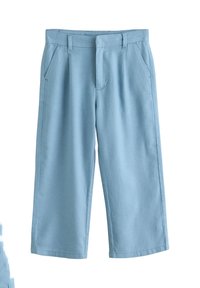 Pantaloni culottes din in bleu deschis cu picior larg, prevăzuți cu două buzunare frontale, петли pentru curea cusute și textură netedă.