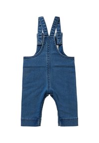 Denim overall in donkerblauw, met schouderbanden, een brede bies en tapse benen. Gladde textuur zonder patronen of accenten.