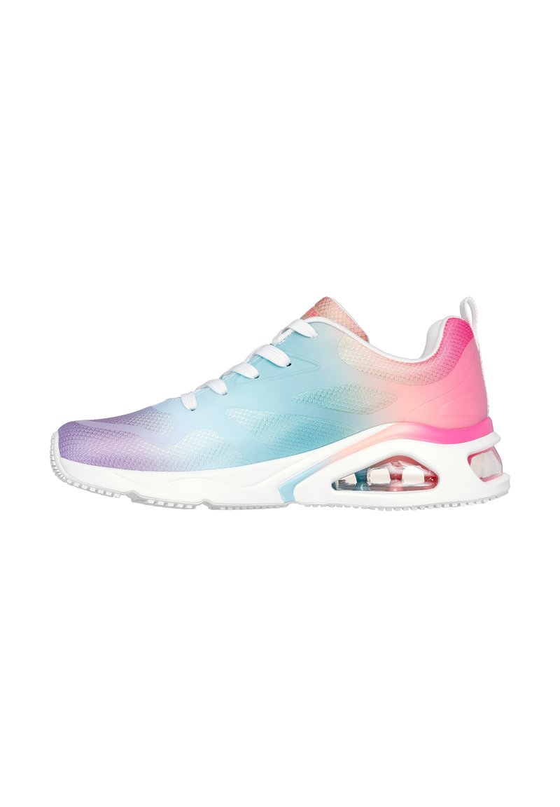 Sport shoe with a gradient design, transitioning from light blue to pink. Features a mesh upper, white laces, and air cushioning in heel.