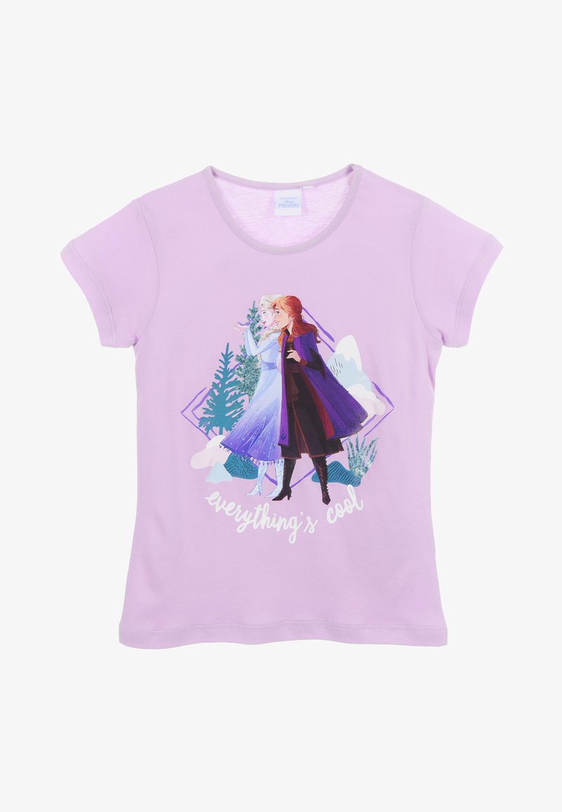Fioletowa bawełniana koszulka z krótkimi rękawami, z grafiką dwóch postaci z filmu Kraina Lodu, otoczonych drzewami i napisem "wszystko jest super".