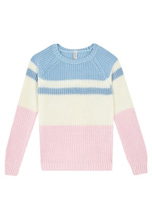 Strikket sweater med lange ærmer, med blå, hvide og lyserøde vandrette striber og rund halsudskæring.