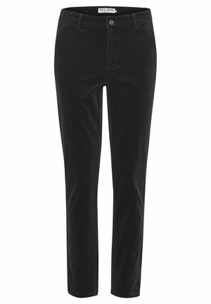 Pantalons en velours côtelé noir avec une coupe droite, fermeture à bouton à l'avant et deux poches latérales. Texture douce avec des côtes verticales.