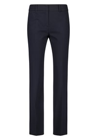 Marinblå skräddarsydda byxor med slät framsida, rak ben-design och en mjuk tygtextur. Har bältesslingor och sidofickor.