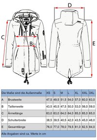 Vit parka med huva, med dragkedjefickor, justerbara snoddar och rak passform. Storleksdiagrammet innehåller mått för bröst, midja och längd.