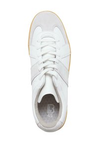 Bílé tenisky s hladkým koženým svrškem a semišovými akcenty. Mají ploché tkaničky a kulatou špičku, s podrážkou z gumy.