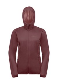 Maroon softshell jacket with a hood, high collar, two zippered side pockets, smooth texture, and a logo on the chest.