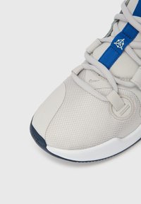 Ανοιχτό γκρι αθλητικό παπούτσι με επάνω μέρος από υφή διχτυού, μπλε λουράκι, κυκλικές λεπτομέρειες και λευκή σόλα. Περιλαμβάνει ευέλικτο σύστημα κορδονιών και λογότυπο.