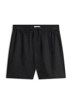 Czarne casualowe spodenki z elastycznym pasem i zawiązywanym sznurkiem, wykonane z lekkiego materiału, ułożone płasko na białym tle.