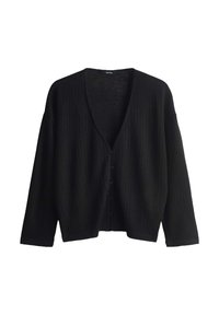 Černý pletený cardigan s hlubokým V-výstřihem, dlouhými rukávy a předním zapínáním na knoflíky. Texturovaná tkanina s volným střihem a jemným žebrovaným vzorem.