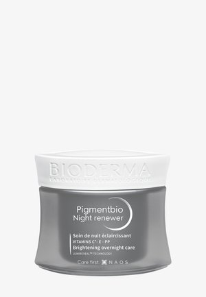 Pot BIODERMA Pigmentbio Night Renewer, soin de nuit éclaircissant avec vitamines C, E et PP, bouchon blanc et récipient gris translucide.