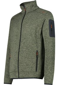 Grågrön zip-jacka med hög krage, texturerat tyg, två sidofickor och en ficka på överarmen med mörka accent och orangea dragkedjor.