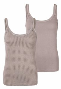 Two sleeveless tank tops in light taupe. The front features a textured pattern of small dots, while the back is smooth and solid.