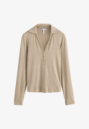 Smėlinės spalvos ilgomis rankovėmis polo marškinėliai su gofruota tekstūra, su įpjauta apykakle ir šešių mygtukų užsegimu. Minkšta medžiaga ir laisvas siluetas.