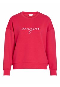 Rød hettegenser med rund hals, løs passform og ribbestrikkede mansjetter. Har "imagine" brodert i hvit kursiv på forsiden.