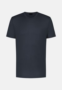 T-shirt bleu marine à manches courtes en tissu doux et lisse. Design classique à col rond avec une coupe régulière, sans motifs ni logos visibles.