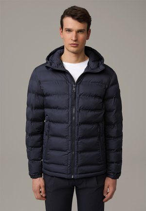 Navy blue puffer jacket with a zippered front, hood, and two side pockets. Features horizontal quilted sections and elastic cuffs.