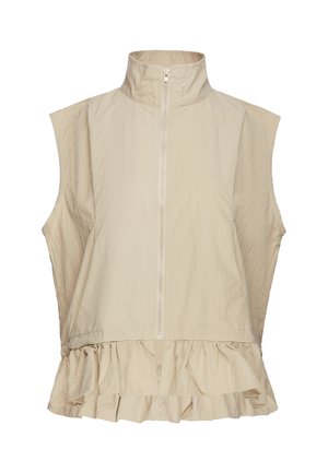 Gilet beige senza maniche con collo alto, zip frontale, ampi fori per le braccia e orlo arricciato nella parte inferiore.