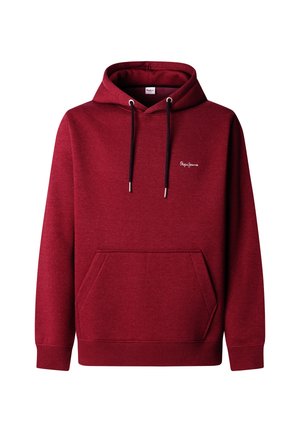 Červená mikina s kapucňou vyrobená z mäkkej tkaniny, s prednou kengurou vreckom, šnúrkami so striebornými koncovkami a malým logom na hrudi.