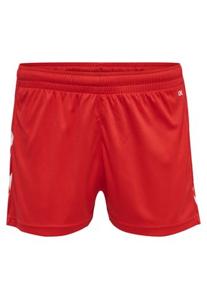 Røde atletiske shorts med elastisk talje. Fremstillet af glat, letvægtigt stof. Har hvide detaljer på siderne.
