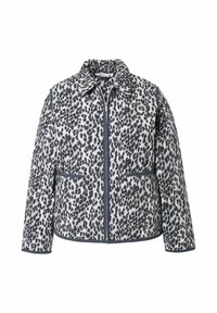 Quiltes jakke i grå og sort leopardprint. Har krave, frontlynlås og to sidelommer. Blødt stof med tekstureret overflade.