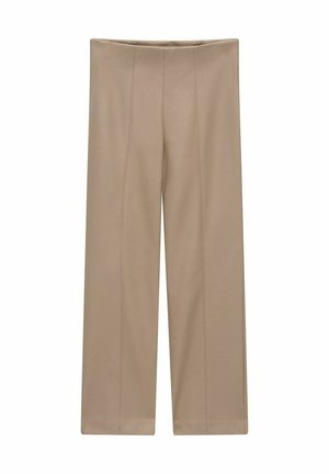 Beige levele trousersit, valmistettu sileästä kankaasta, joissa on pystysaumadetaljointi, korkea vyötärö ja siisti, viimeistelty helma.