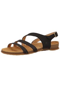 Black leather sandal with three cross straps and a back buckle. Features a beige cushioned footbed and a textured rubber sole.
