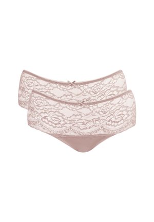 Two pale pink lace hipster panties with floral patterns and small front bows, stacked slightly overlapping on a white background.