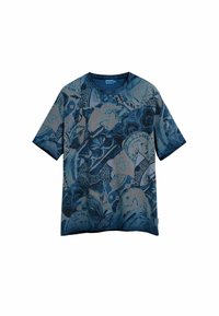 Tričko s krátkym rukávom vyrobené z bavlny, s modro-béžovým abstraktným vzorom obsahujúcim rôzne textúry a kruhové motívy.